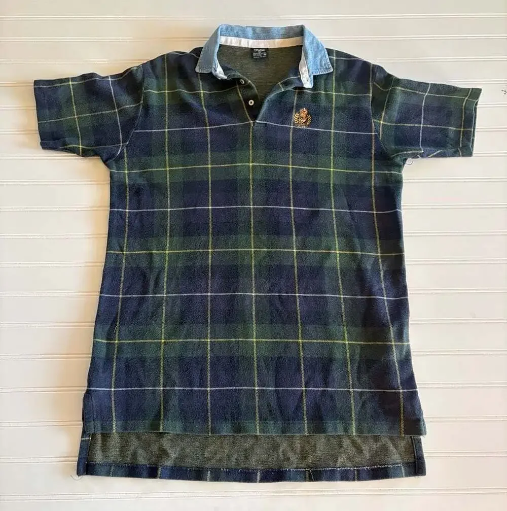Vintage Crest Polo by Ralph Lauren Plaid Polo Shirt with Denim Collar  XL